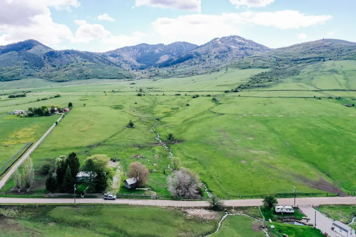 Expansive green fields with distant mountains, featuring a visible stream and scattered trees