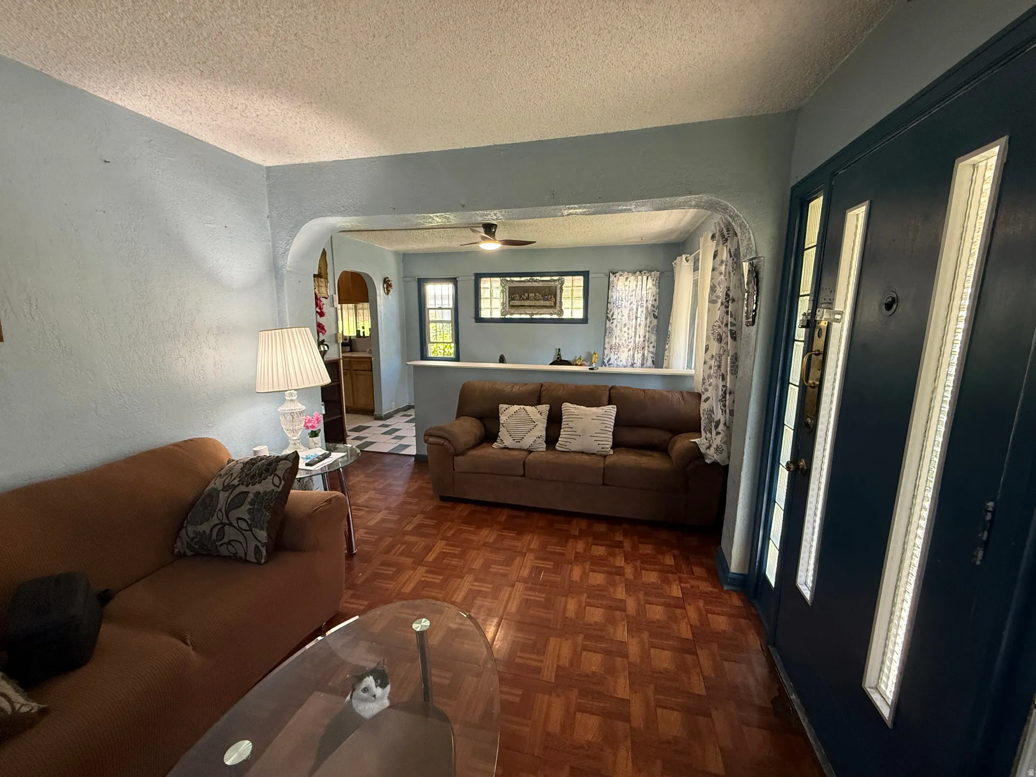Wood-finish flooring, textured wall finishes, and a solid entry door with vertical glass inserts