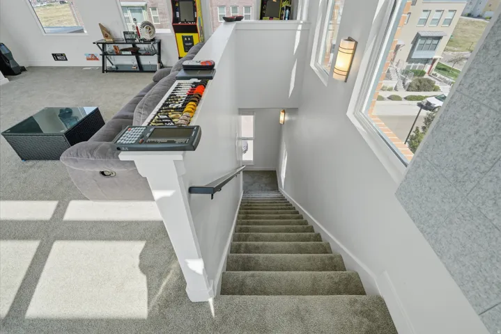 Carpeted staircase with white balustrade and black handrail