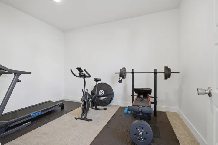 Bright room with white painted walls, recessed ceiling lighting, and light-colored carpet flooring