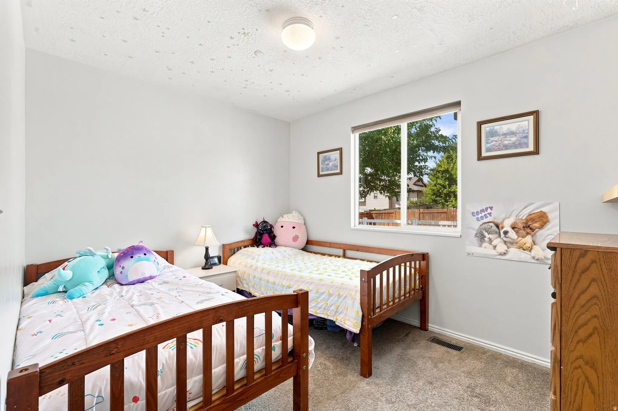 Carpeted room with a single window, white walls, and a ceiling-mounted light fixture