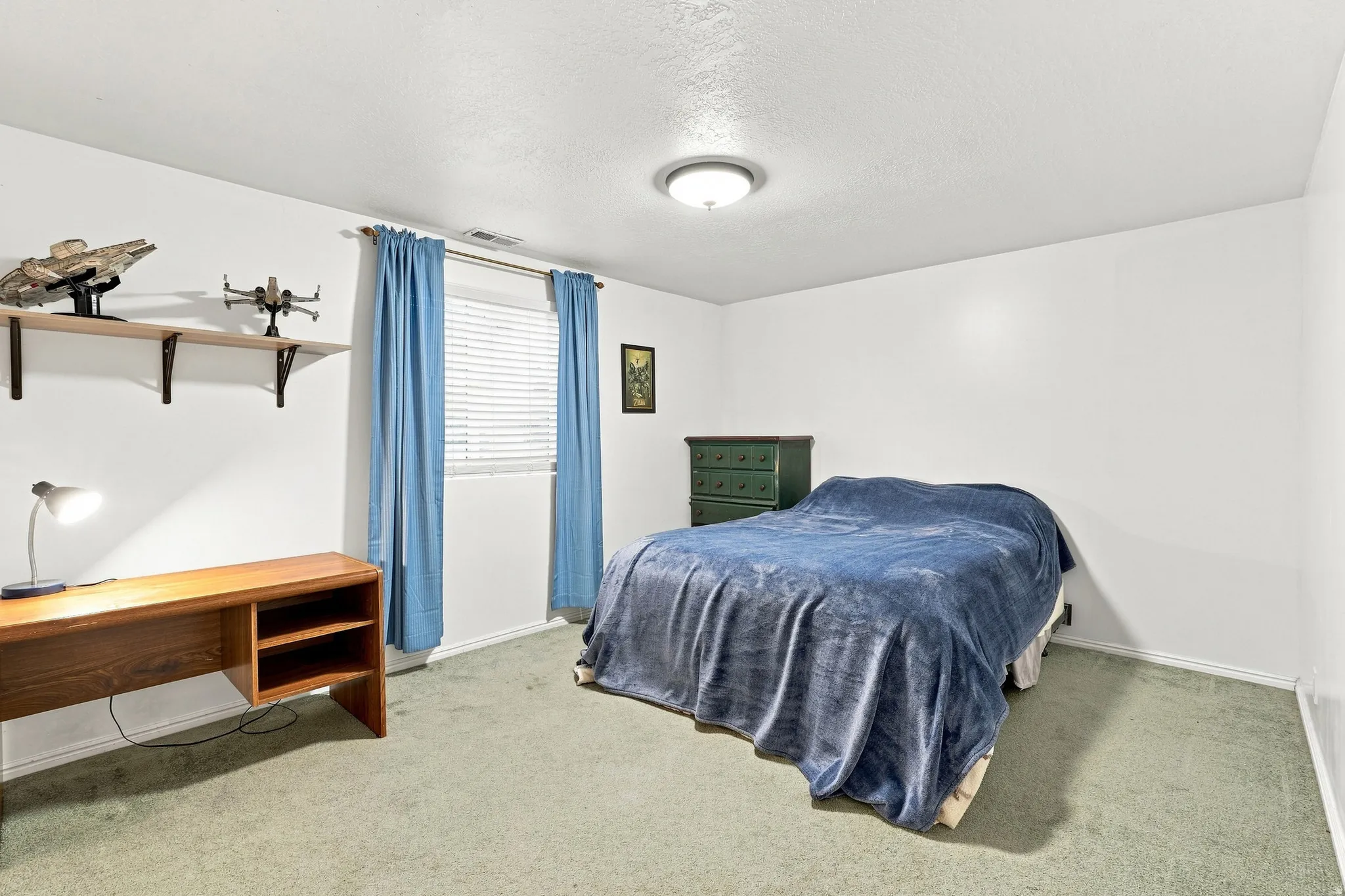 White walls, carpet flooring, a window with blinds, and an overhead light fixture
