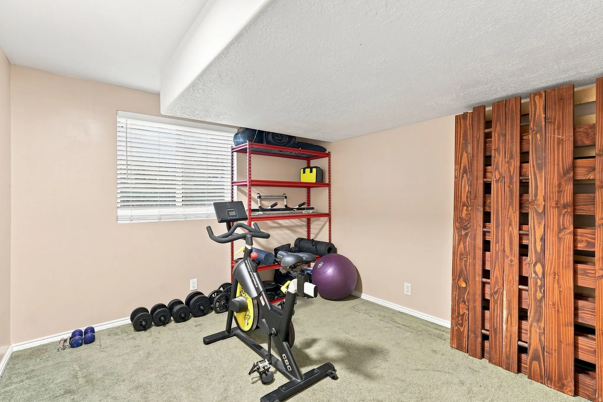 Carpeted room with a window, textured ceiling, and built-in wood-finish storage