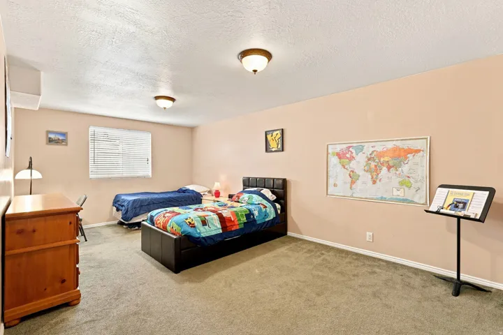 Carpeted flooring, window with blinds, and two ceiling-mounted light fixtures