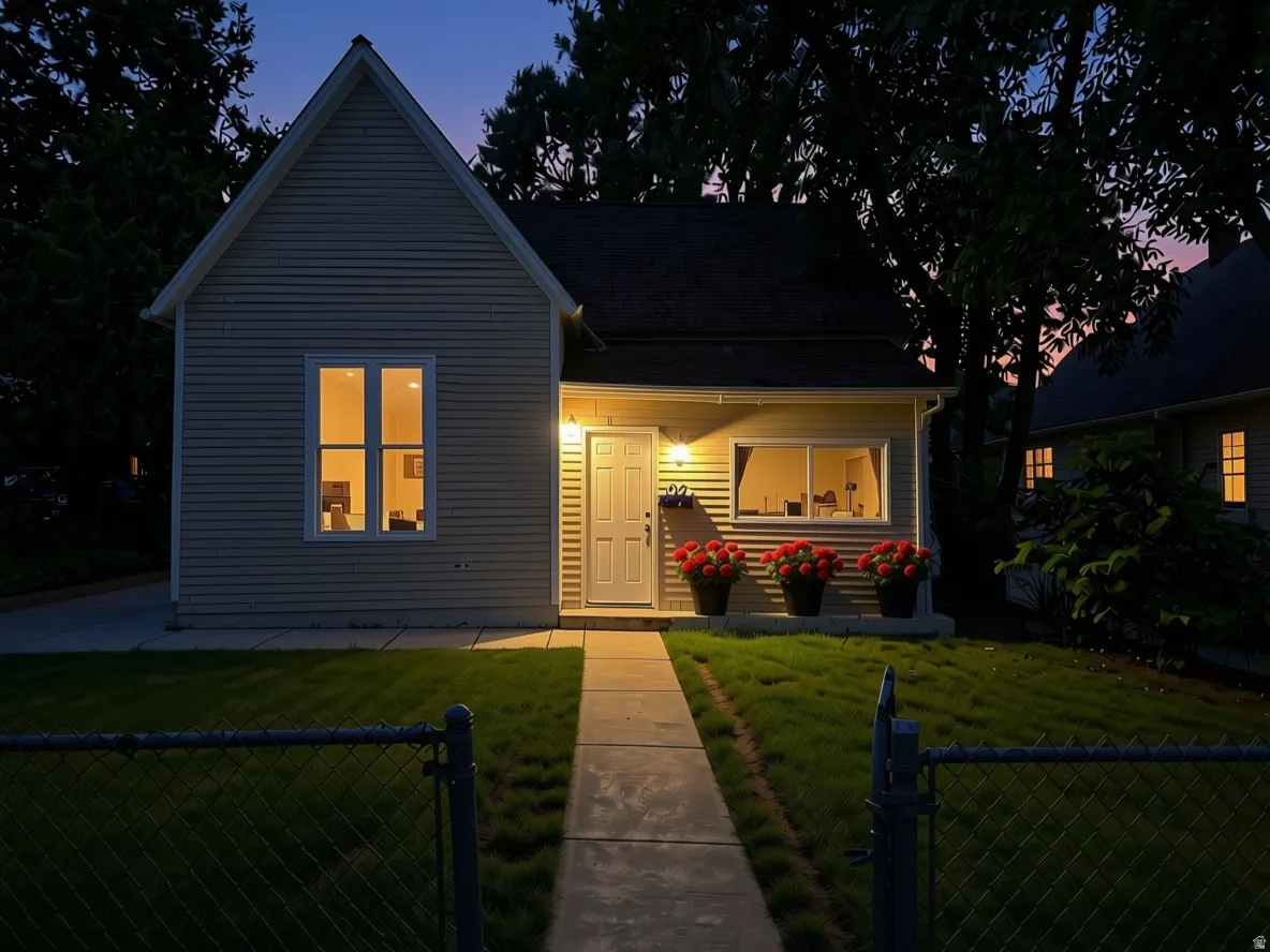 Siding exterior with a gabled roofline, virtually enhanced