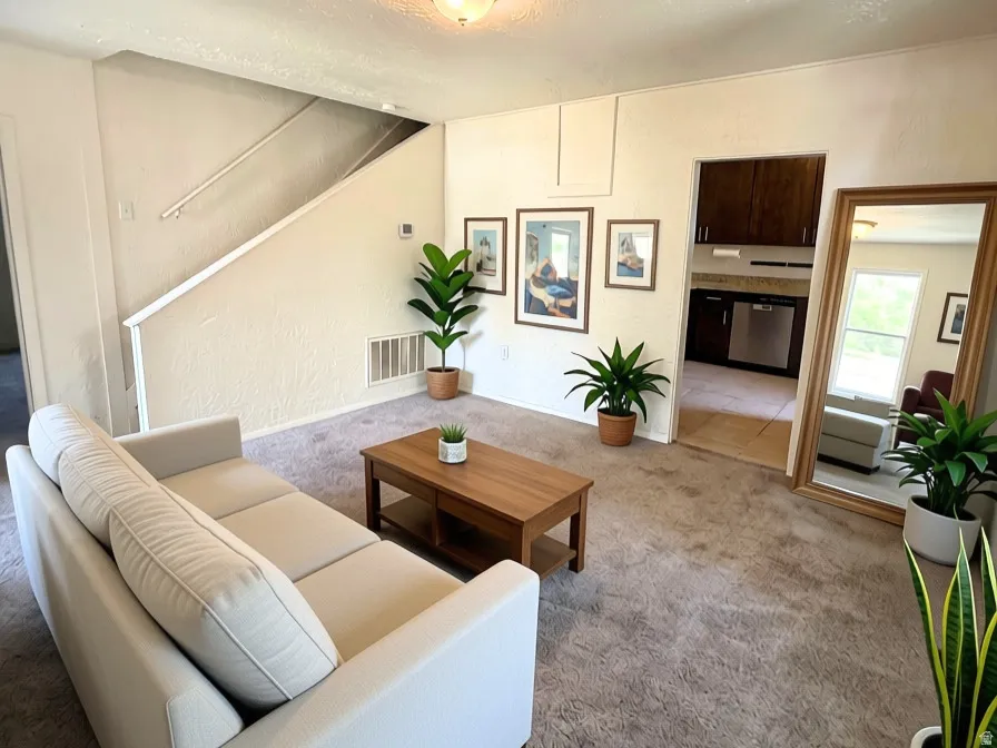 Neutral-toned walls complement the carpeted flooring