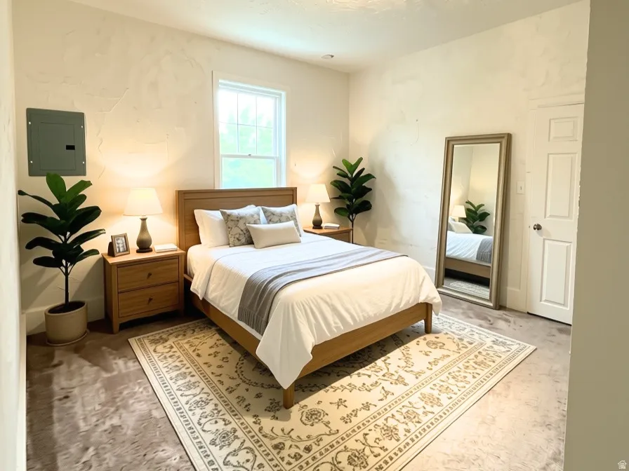 Room with a single window, a ceiling-mounted light fixture, and a white interior door