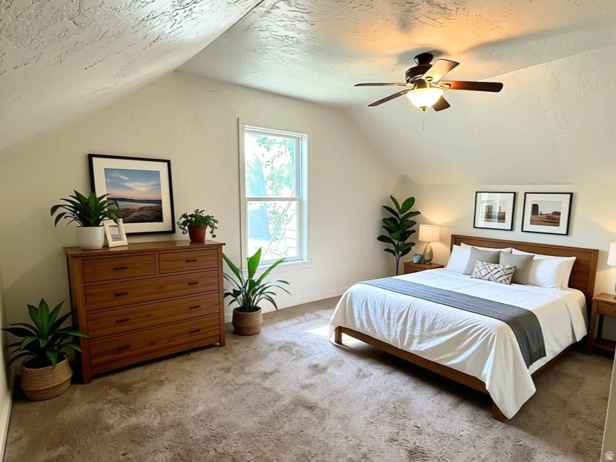 upstairs bedroom with large closet and seperat window ac. Vaulted ceiling with textured finish, recessed window, ceiling fan with integrated lighting, and carpeted flooring.