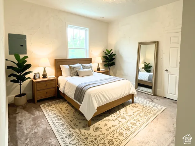 Room with a single window, a ceiling-mounted light fixture, and a white interior door
