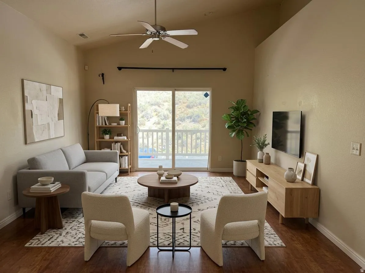 Spacious family room with natural light and mountain views.