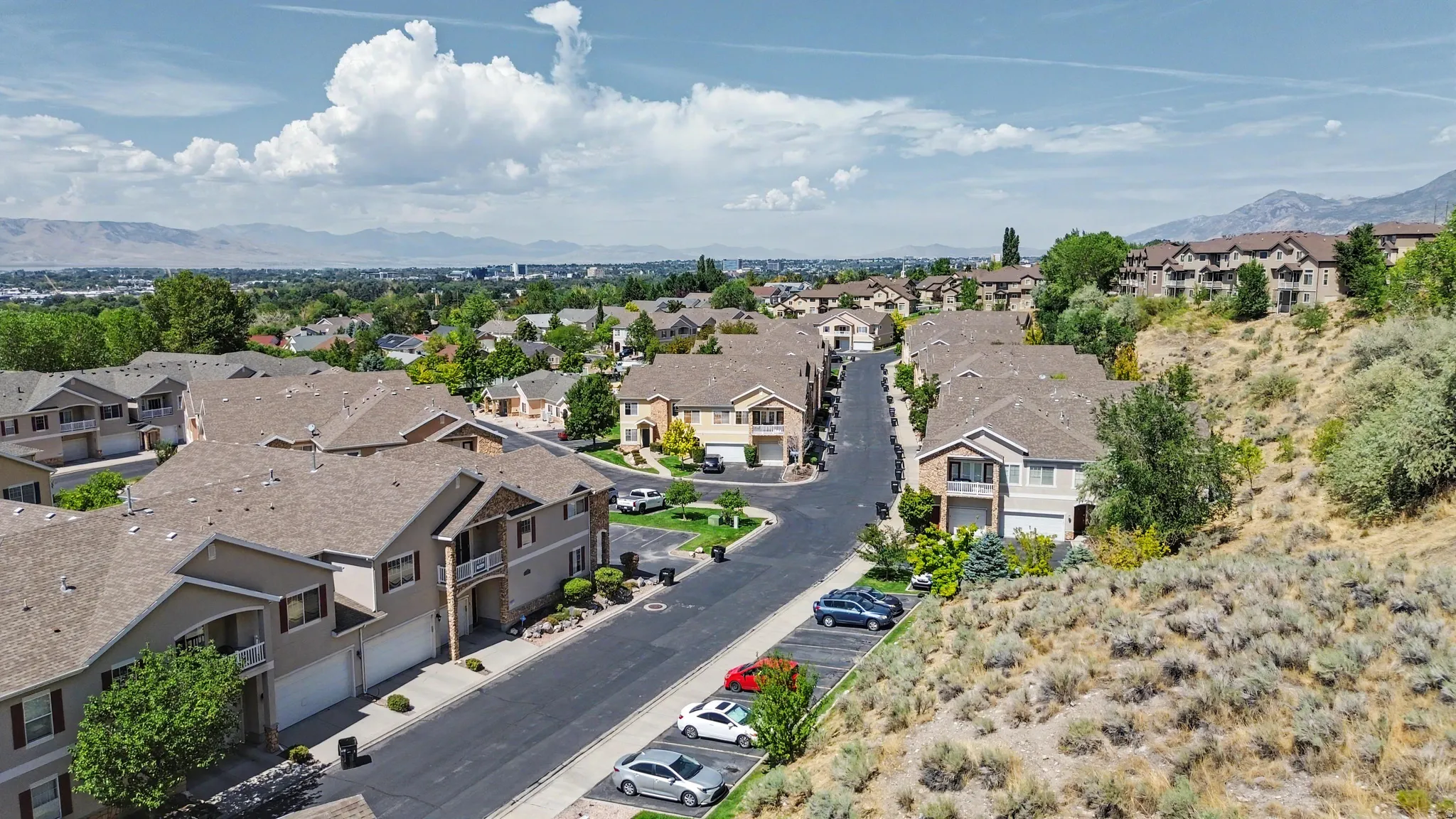 Townhome community with mountain scenery, mature landscaping, and an asphalt street