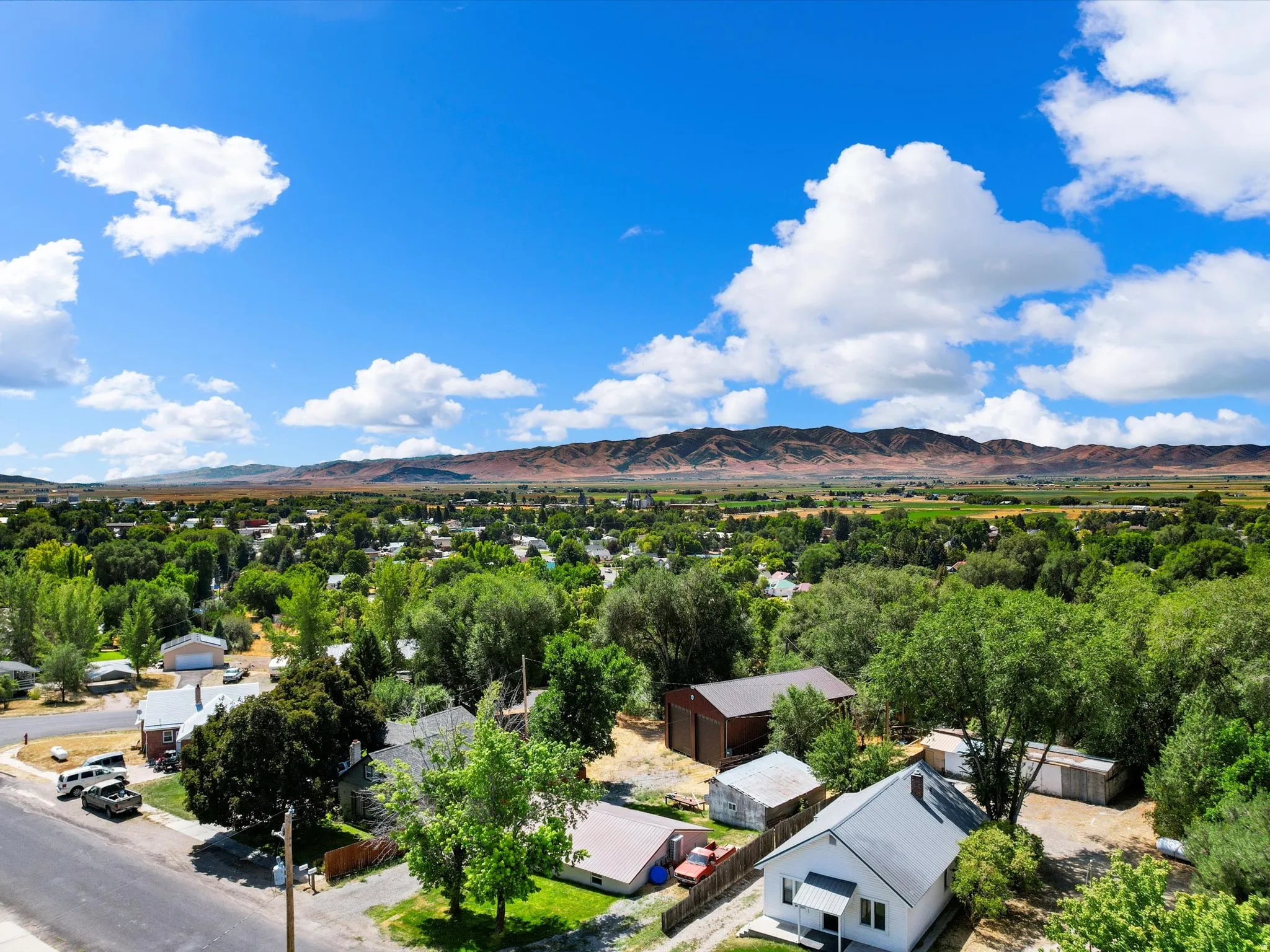 Aerial perspective showcasing a residential area with varied housing styles