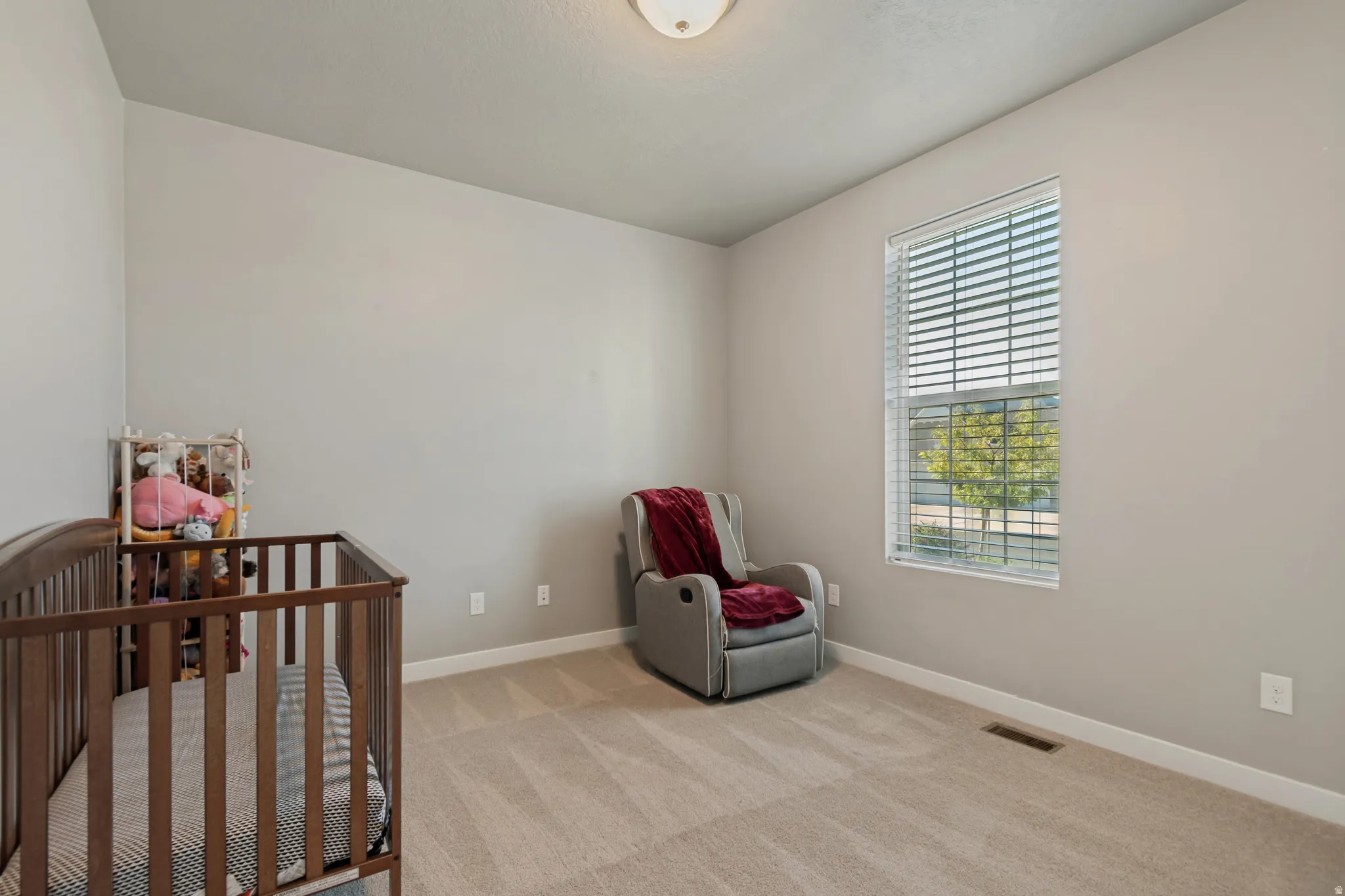 Neutral wall paint, carpet flooring, a window with horizontal blinds, and a flush mount ceiling light