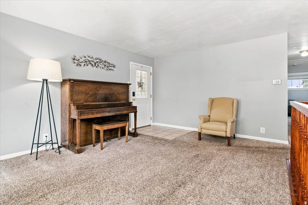 Carpeted living area with light gray walls, white trim, and a white entry door with frosted glass