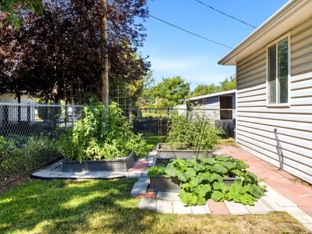Side yard featuring mature trees, chain-link fencing, raised garden beds, and a brick paver pathway