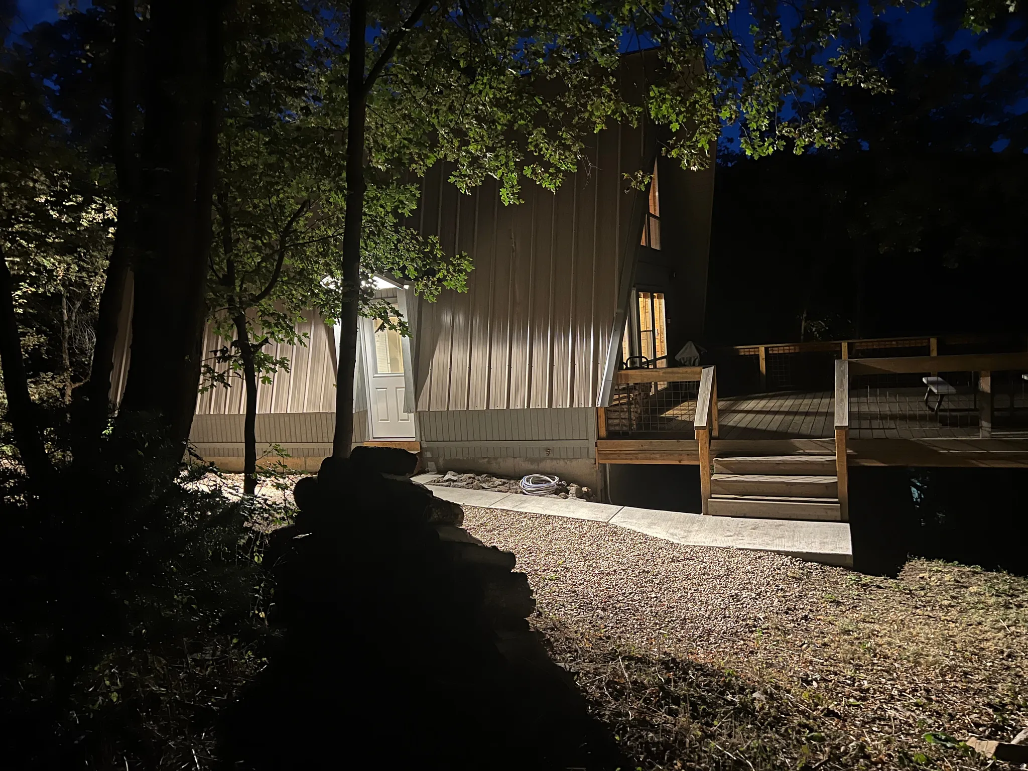 The cabin at night.