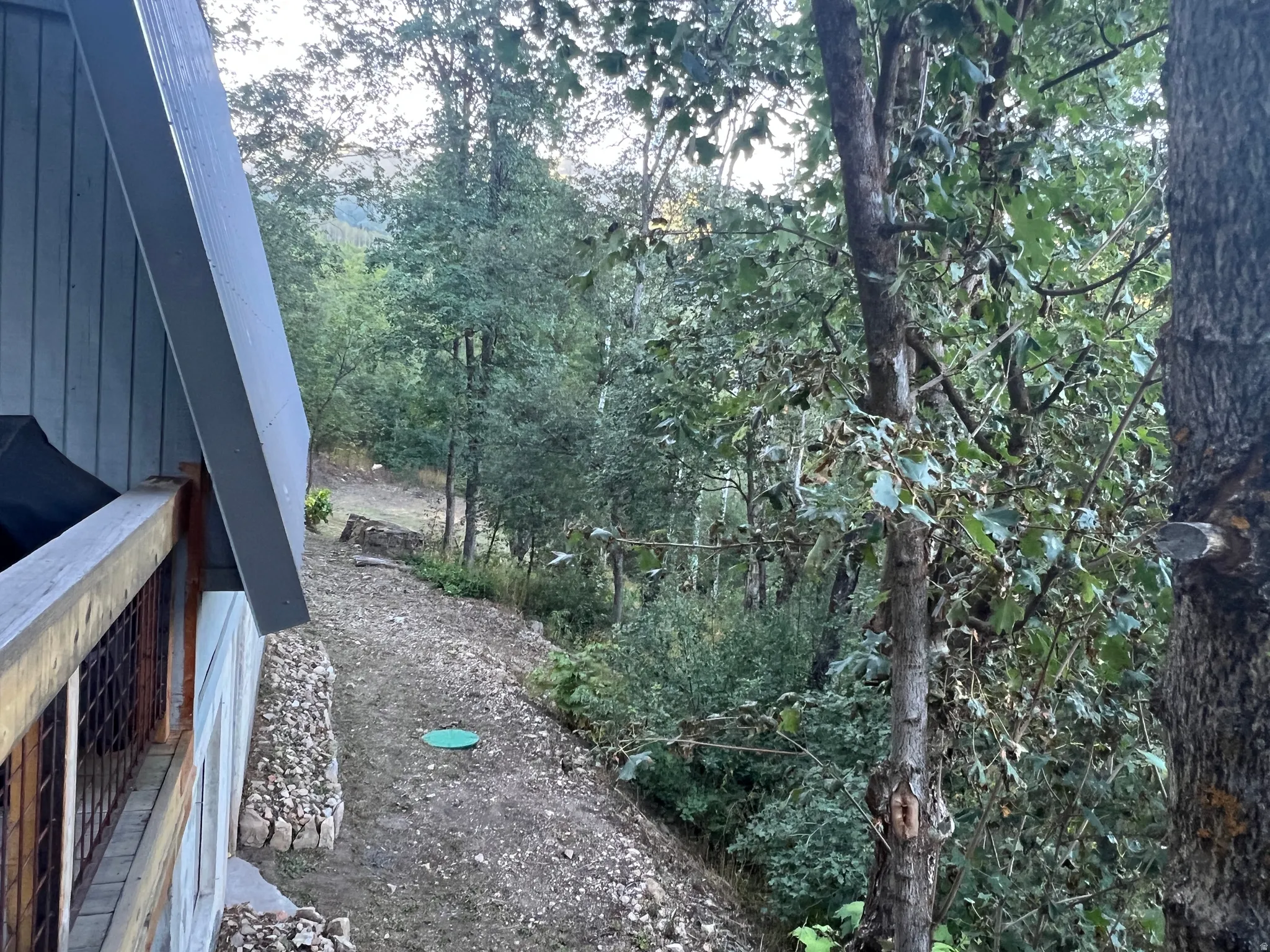 A-frame architectural style, wooden balcony railing, light blue exterior siding, natural wooded surroundings, gravel landscaping