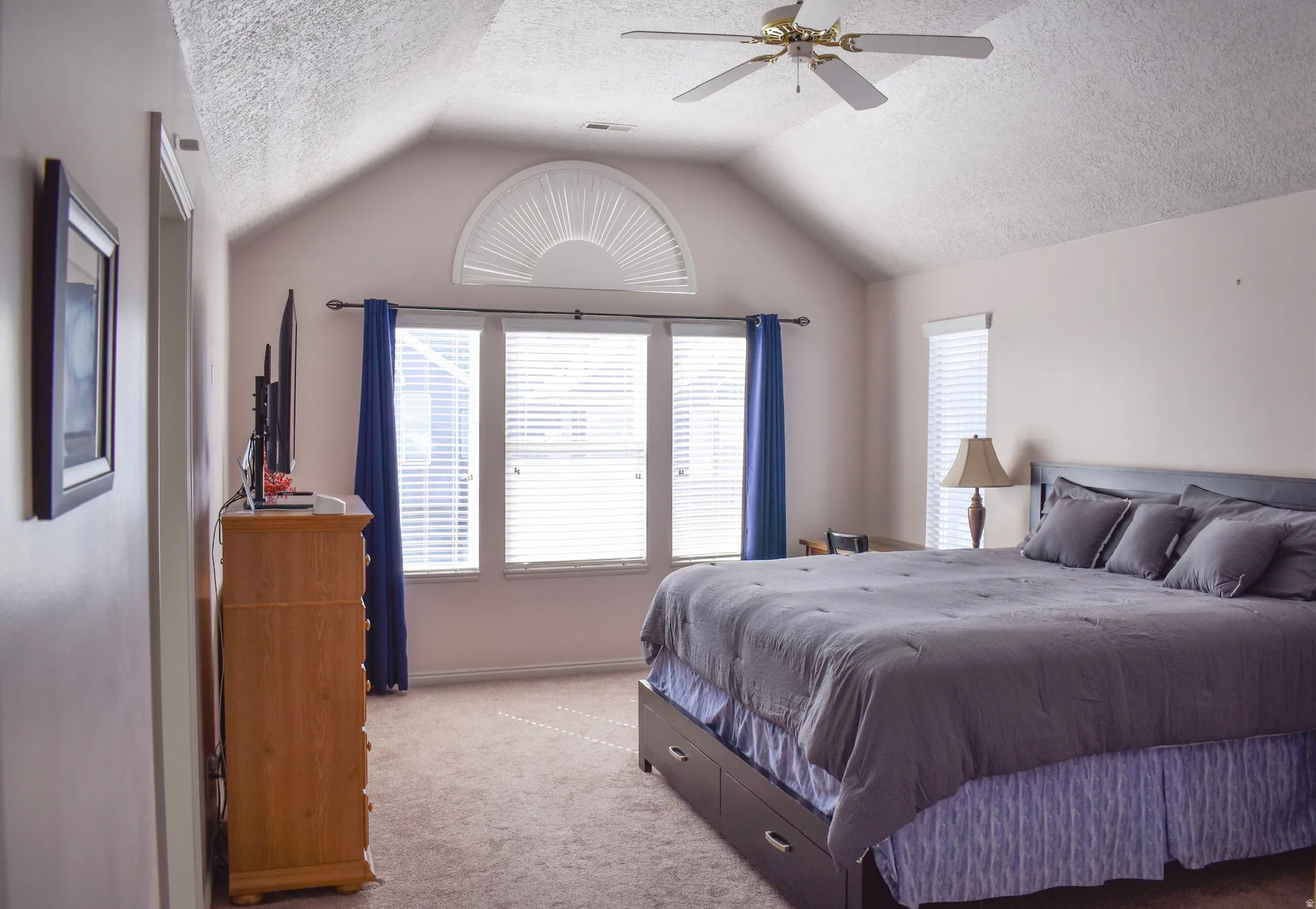 Vaulted ceiling, ceiling fan, arched transom window, multiple windows, and carpeted flooring