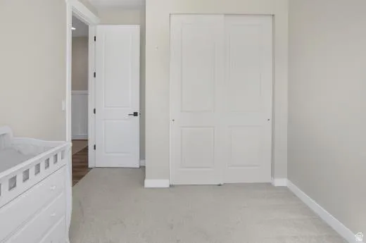Neutral wall paint, white trim, light-colored carpeting, two-panel interior door with matte black hardware, and two-panel sliding closet doors