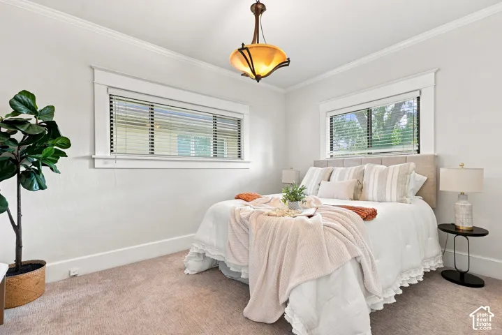 Bright, light-filled bedroom showcasing two generous windows with horizontal blinds, neutral wall finishes, and warm wood-finish flooring accented with neutral area carpeting