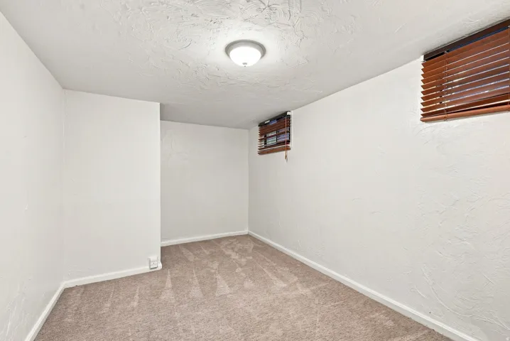 Neutral-toned carpeting, white textured walls, and two windows with wood-finish blinds