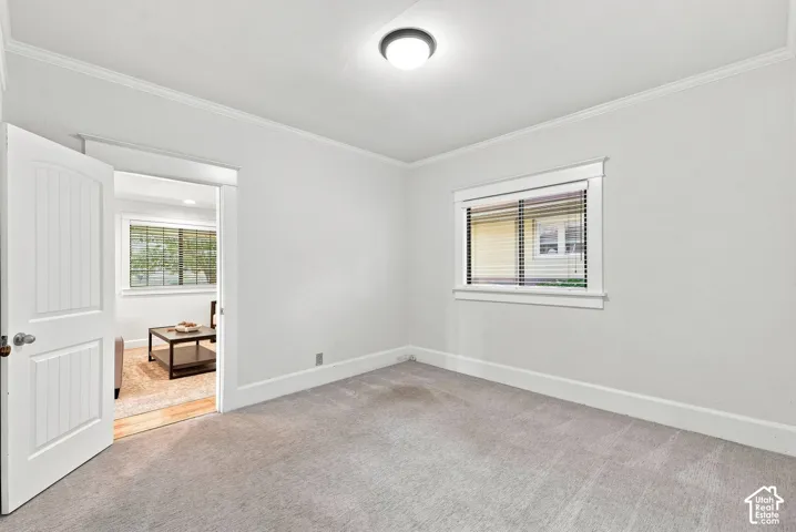 Bright secondary bedroom featuring neutral carpeting, generous natural light from dual windows, and clean white wall finishes with crown molding detail