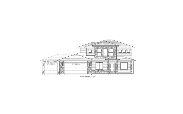Architectural Drawing. Front elevation of the property, including an optional garage extension