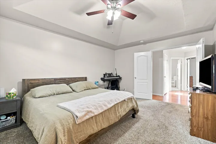 Tray ceiling with a ceiling fan, carpeted flooring, and a white paneled door
