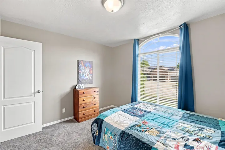 Arched window with blinds, light gray walls, carpeted flooring, and a white interior door