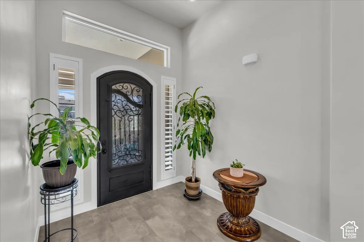 Arched entry door with decorative ironwork and glass panels