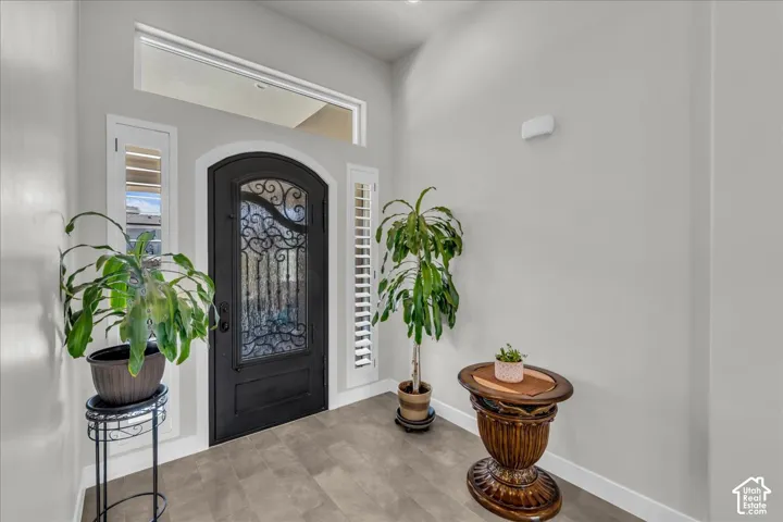 Arched entry door with decorative ironwork and glass panels