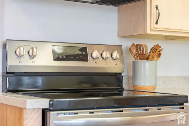 Stainless steel electric range with a glass cooktop, stone-finish countertops, and natural wood cabinetry