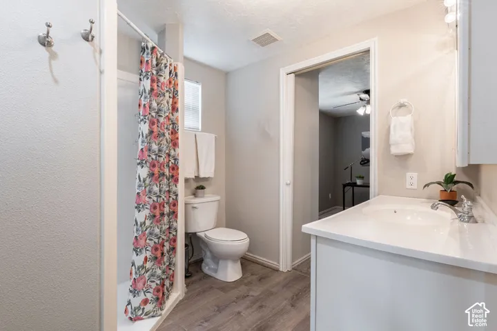 Bathroom featuring wood-finish flooring, a vanity with a white countertop and integrated sink, a porcelain toilet, and a walk-in shower with a chrome fixture