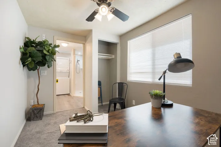 Interior room featuring neutral wall tones, carpeted flooring, a ceiling fan with integrated lighting, a built-in closet with overhead shelving, and horizontal window blinds