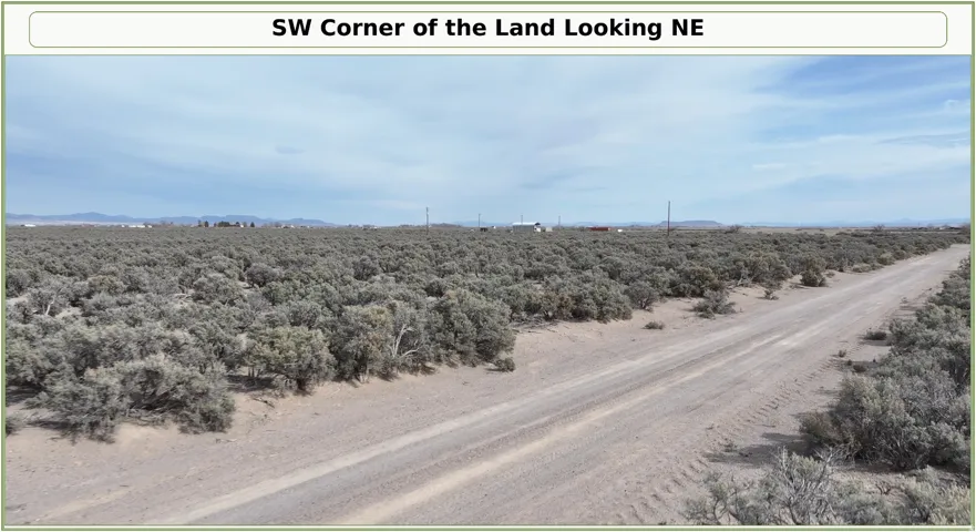 Expansive undeveloped land featuring natural desert vegetation, a visible dirt road, and distant structures on the horizon