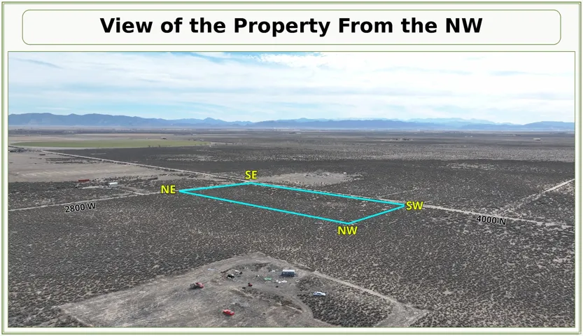 Aerial Property View. Depicting the property boundaries and surrounding terrain from a northwesterly perspective