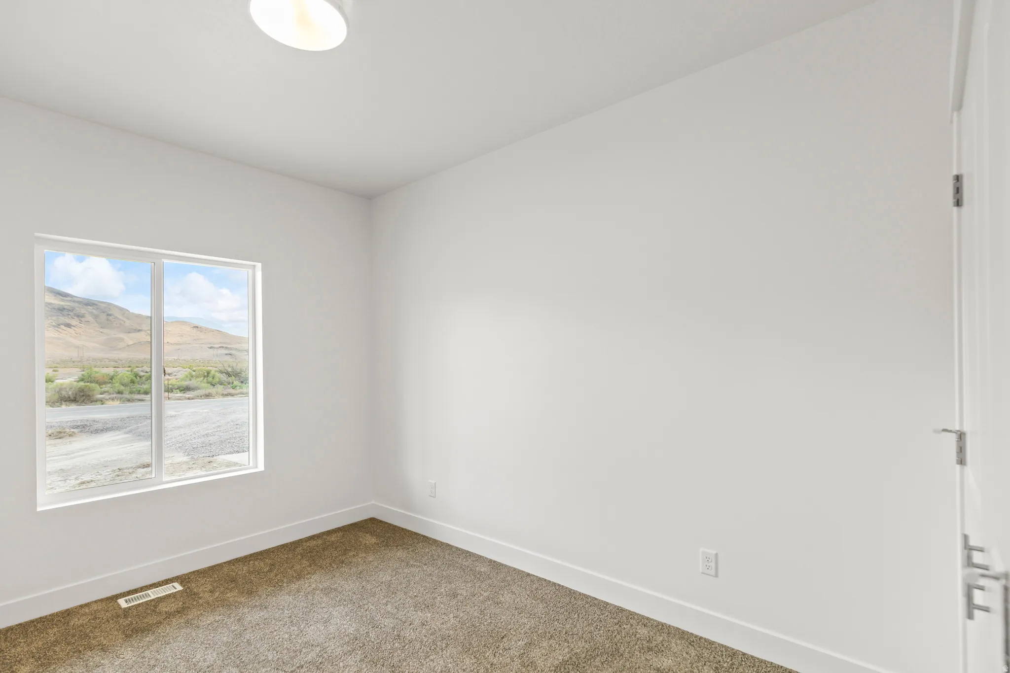 White walls with carpet flooring, a single window, and a flush-mount ceiling light