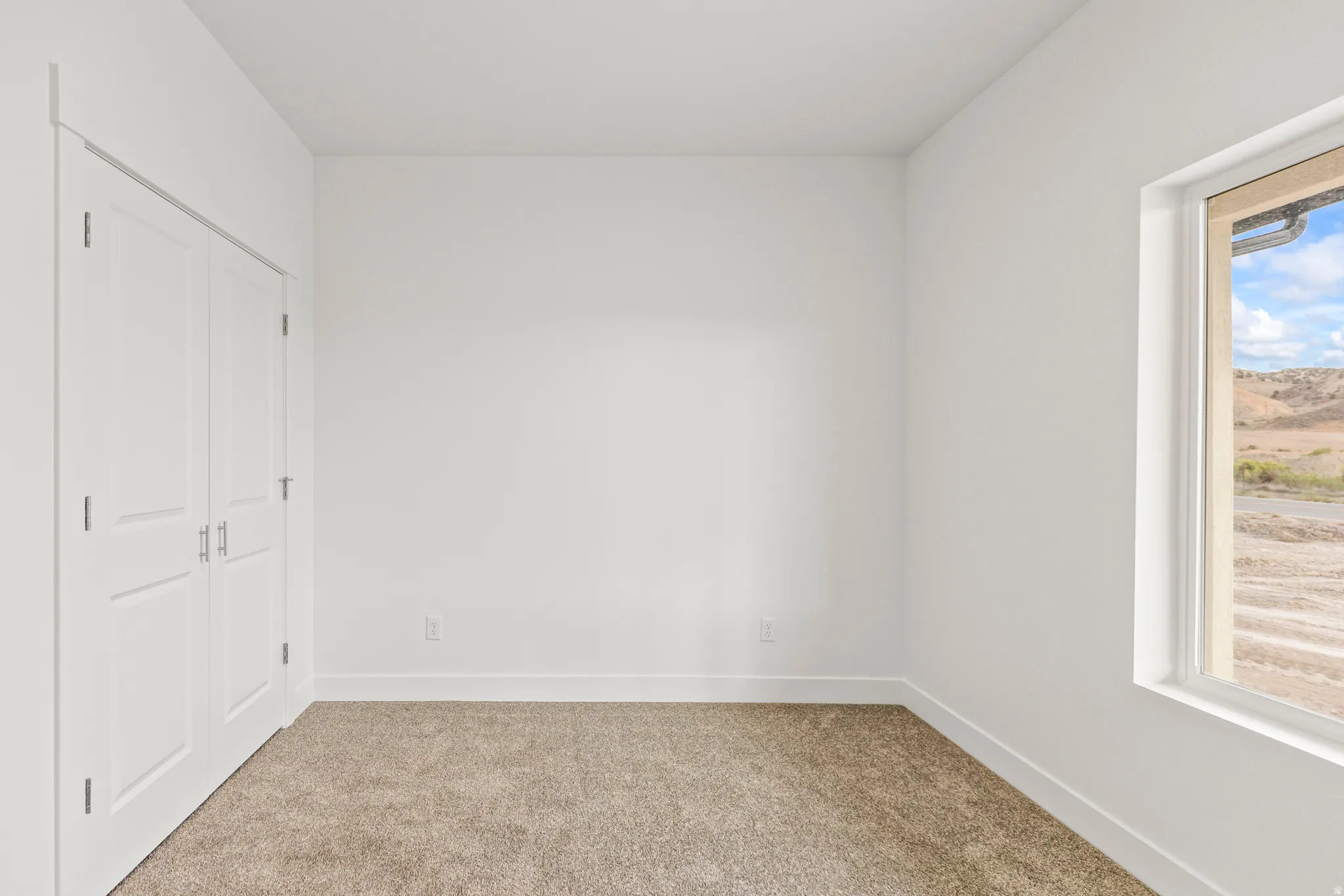 Neutral wall color, soft carpet, white trim, and a window