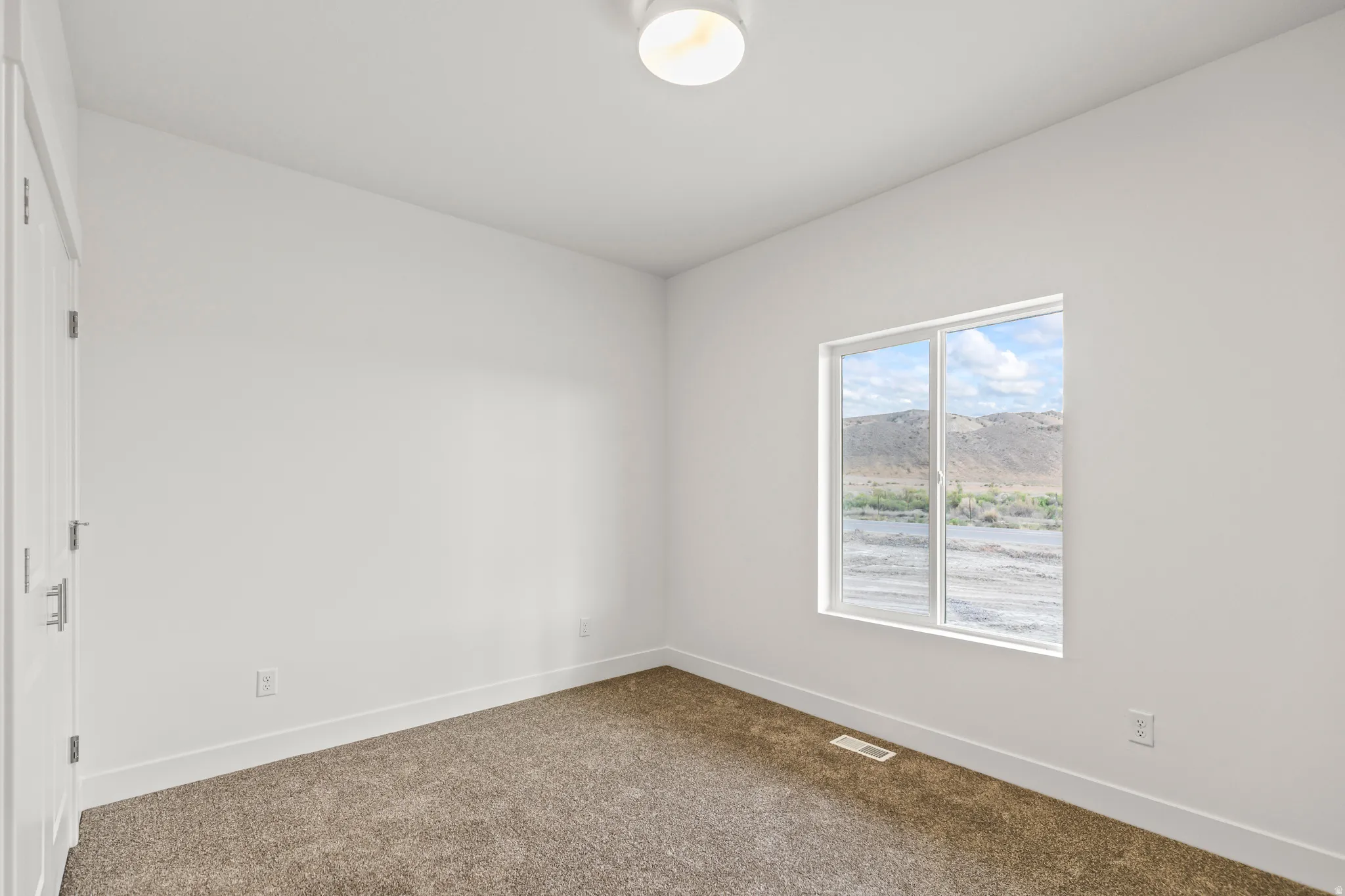 Light-colored carpeted flooring, white painted walls, a flush-mount ceiling light fixture, and a window with white framing