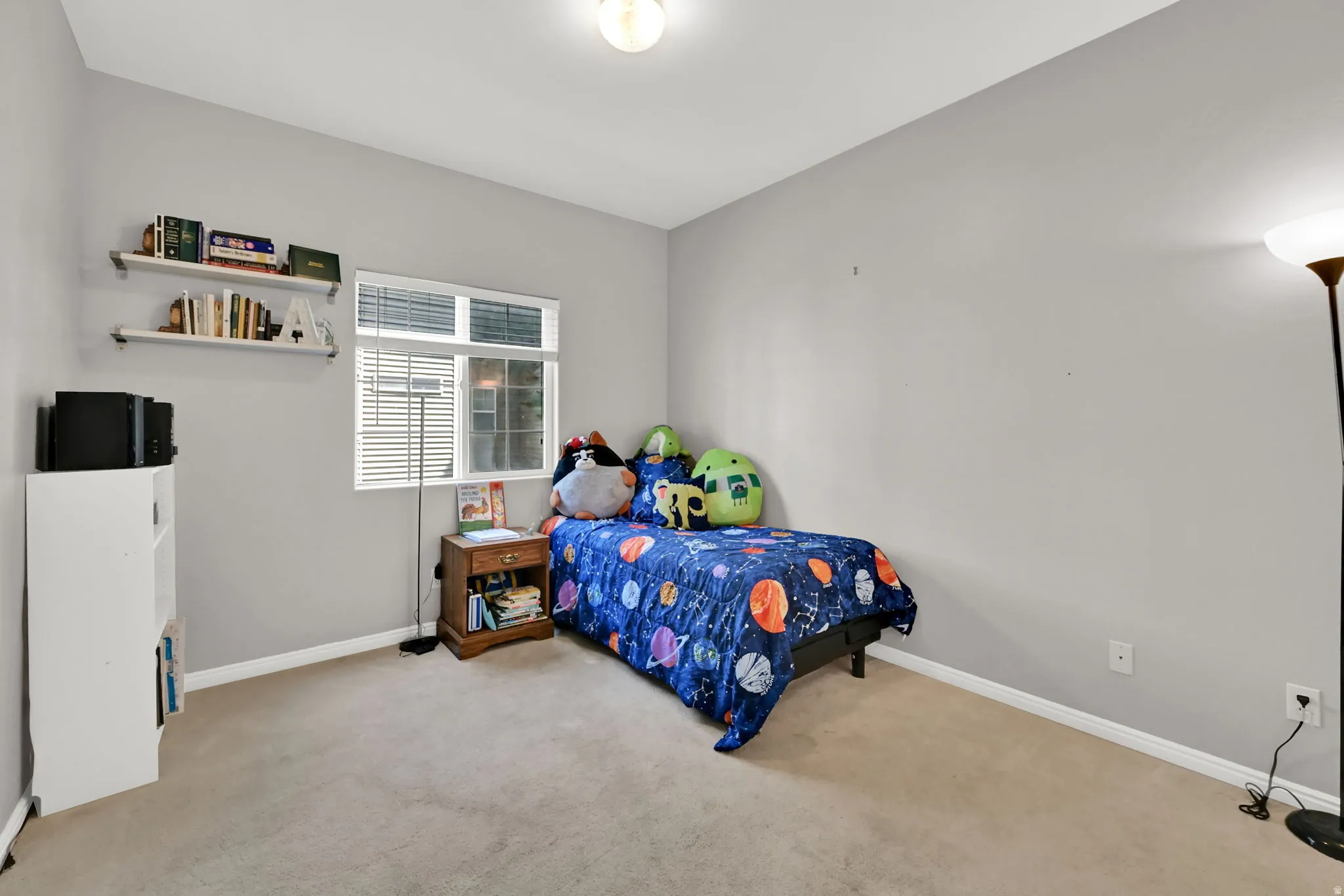 Neutral-toned carpeting, light gray wall paint, and a window with blinds