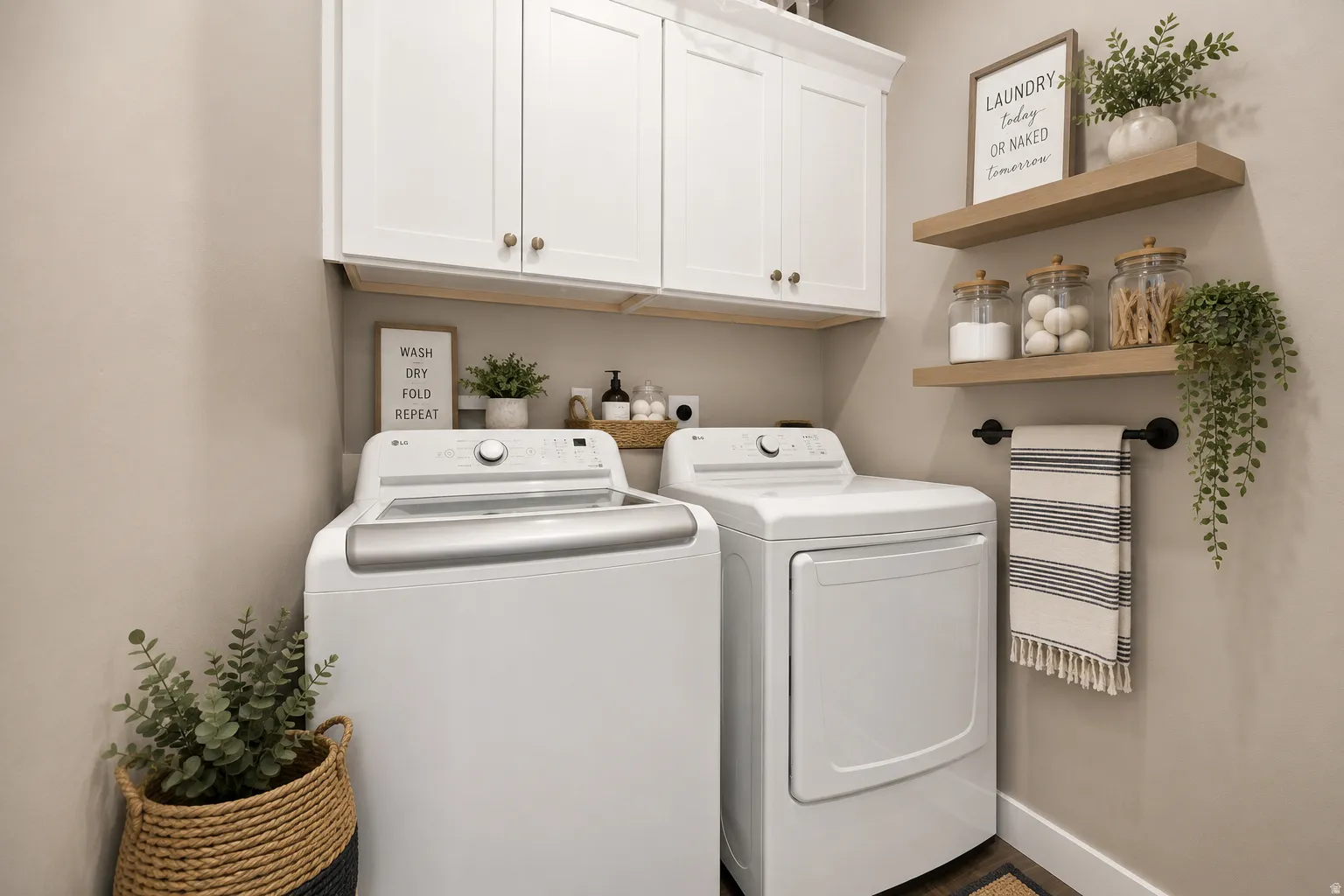 White upper cabinetry with gold-finish hardware, two natural wood-finish and floating shelves.