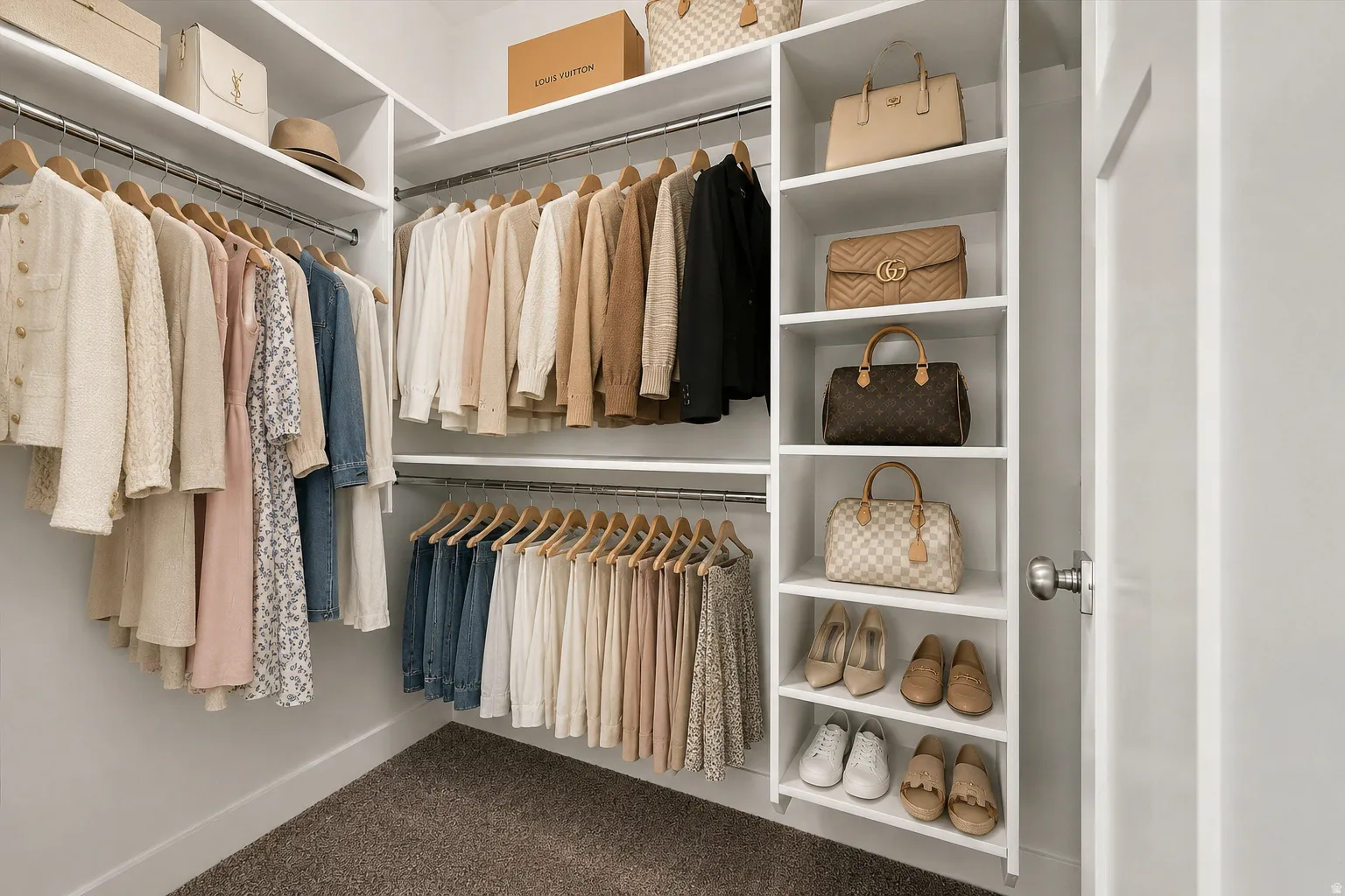 Walk-in closet featuring extensive built-in shelving and hanging rods, organized storage for shoes and handbags, neutral finishes, and gray carpeting throughout.