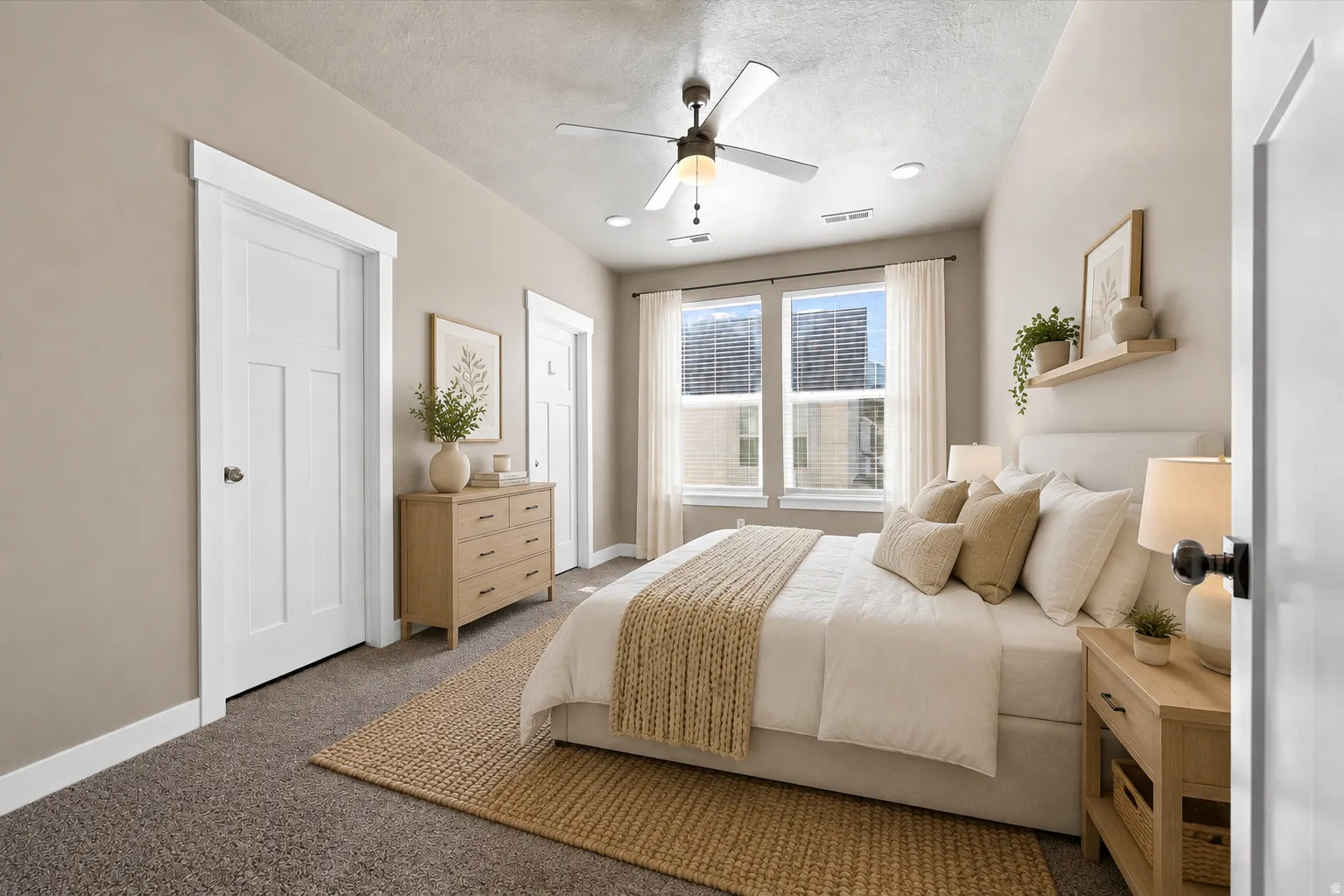 Owners suite carpeted bedroom featuring a walk in closet, ceiling fan, recessed lighting, connecting bathroom, and dual pane windows. (Virtually staged for decor ideas)