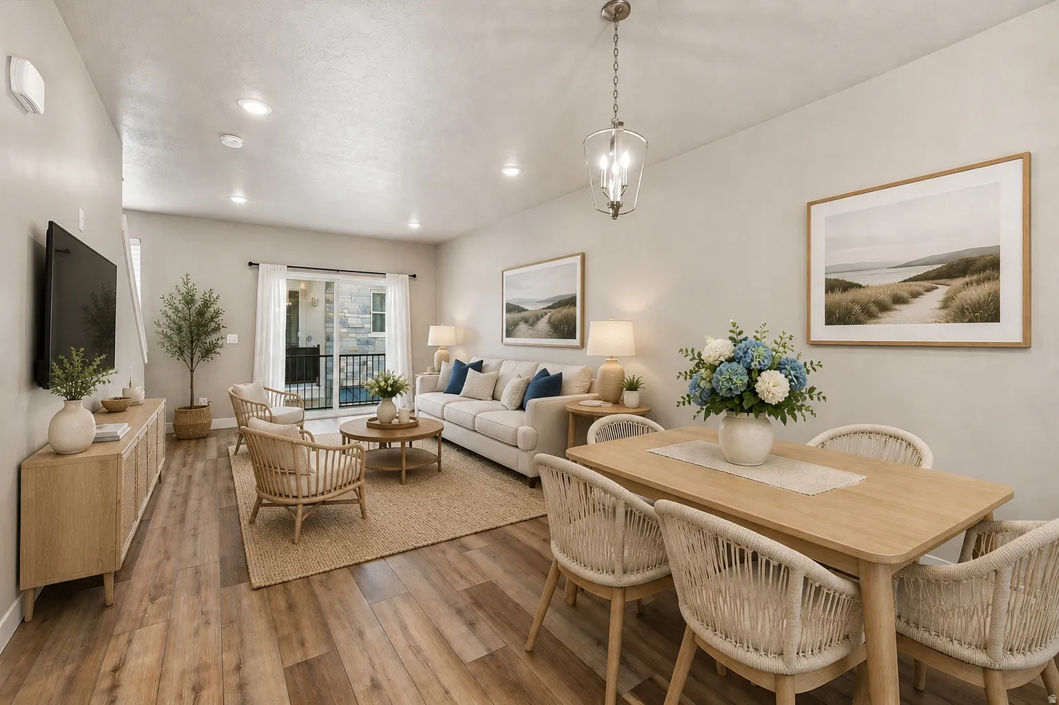 Modern wood-finish flooring throughout. Beautiful open concept. Virtually staged for decor ideas.