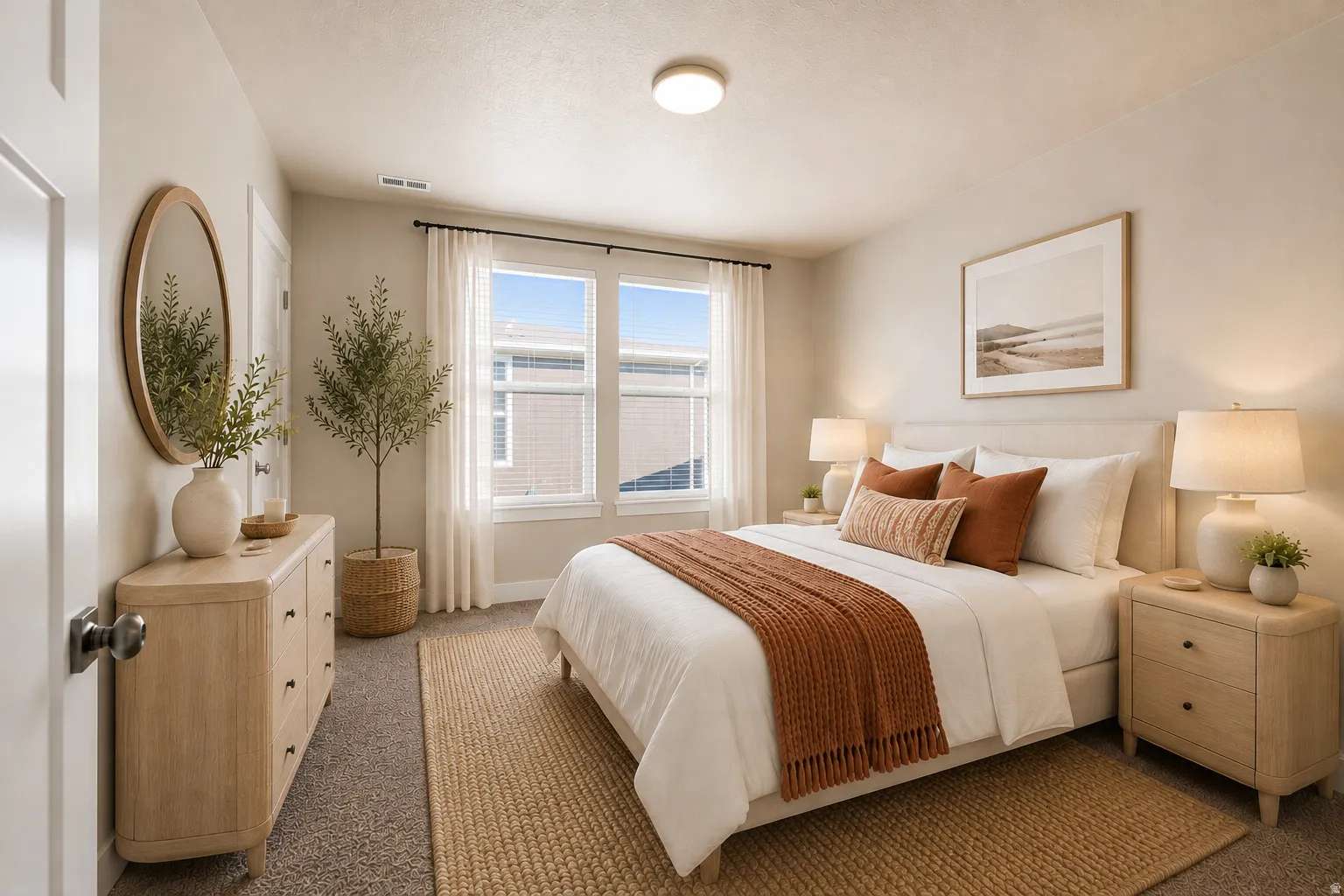 Large Bedroom. Plush carpeting, neutral wall tones, and abundant natural light from multiple windows. (Virtually staged for decor ideas)