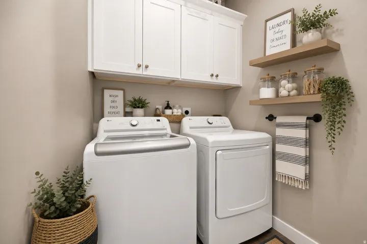 White upper cabinetry with gold-finish hardware, two natural wood-finish and floating shelves.