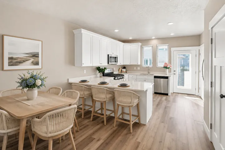New kitchen featuring white shaker cabinetry, stainless steel appliances, a white island with bar seating, and wood-finish flooring. Virtually staged for decor ideas.
