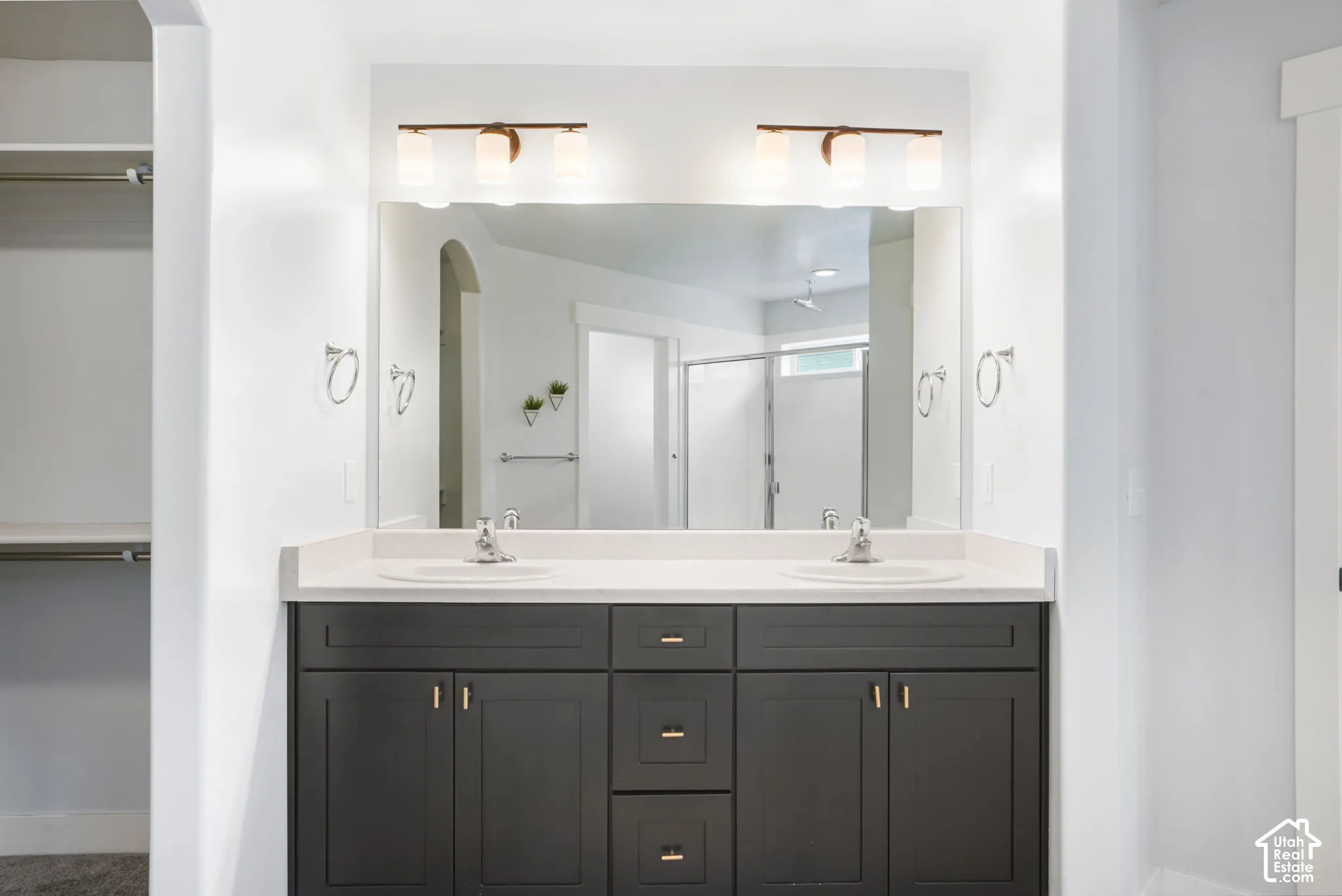 Dual vanity with dark cabinetry, integrated sinks, light-toned countertop, and overhead light fixture