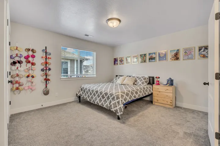 Neutral paint palette, plush carpet flooring, recessed window, and overhead lighting