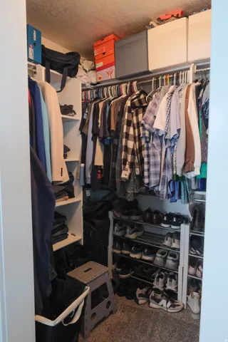 Carpeted closet space featuring built-in shelving, hanging rods, and a multi-tiered shoe rack